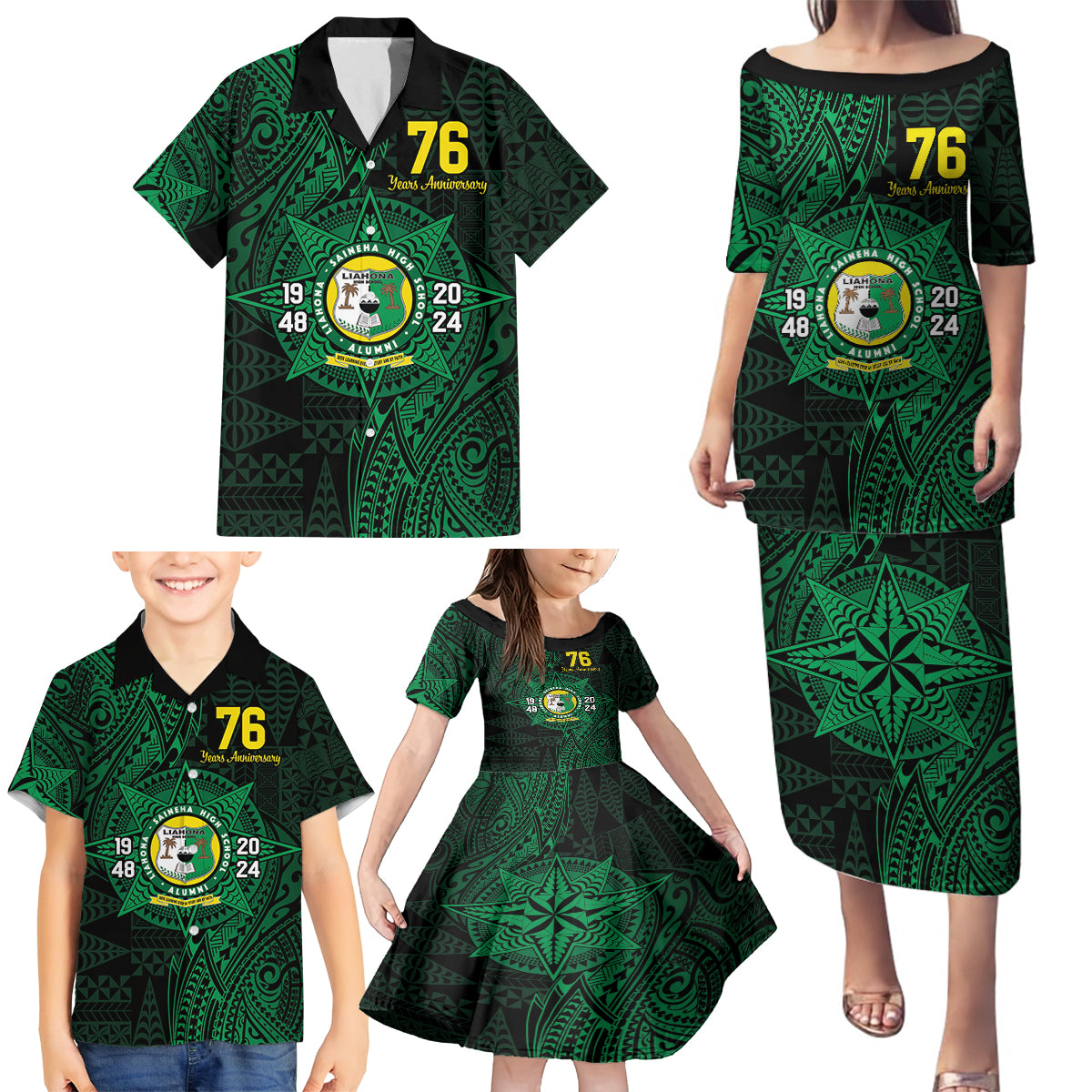 Personalised Tonga Liahona High School 76th Anniversary Family Matching Puletasi and Hawaiian Shirt Special Kupesi Pattern LT9 - Polynesian Pride