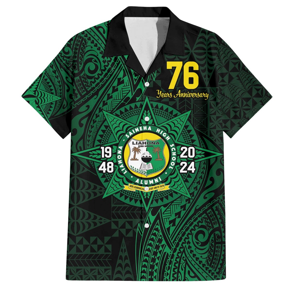 Personalised Tonga Liahona High School 76th Anniversary Family Matching Puletasi and Hawaiian Shirt Special Kupesi Pattern LT9 Dad's Shirt - Short Sleeve Green - Polynesian Pride