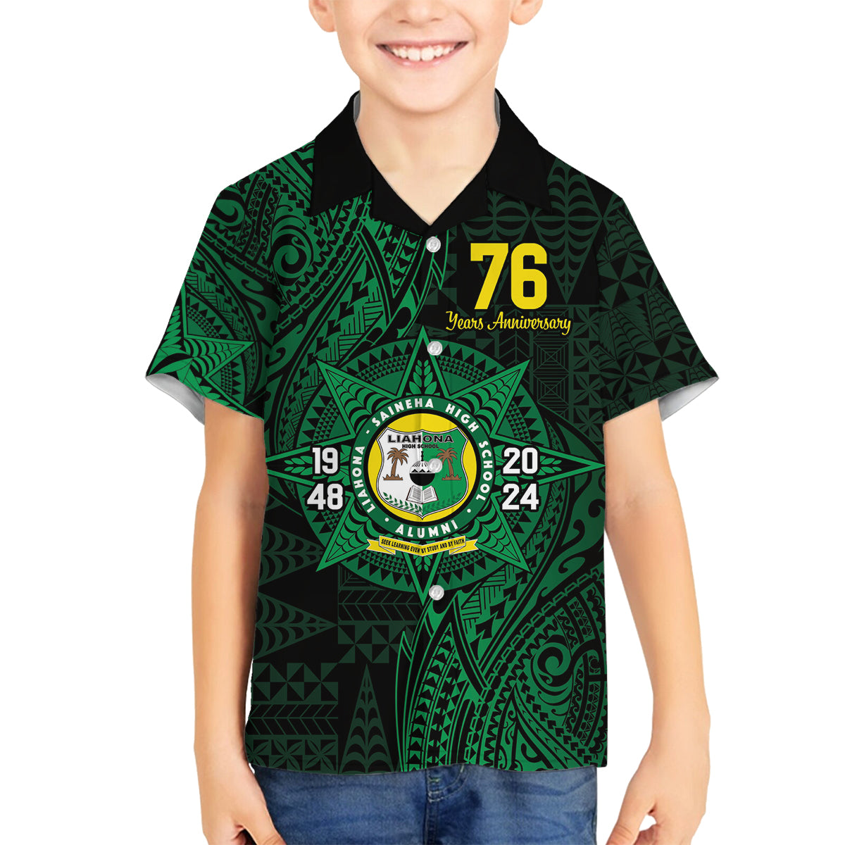 Personalised Tonga Liahona High School 76th Anniversary Family Matching Puletasi and Hawaiian Shirt Special Kupesi Pattern LT9 Son's Shirt Green - Polynesian Pride