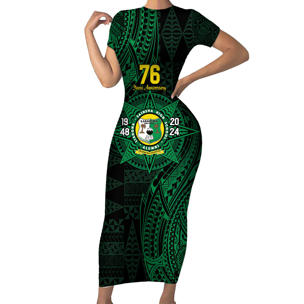 Personalised Tonga Liahona High School 76th Anniversary Family Matching Short Sleeve Bodycon Dress and Hawaiian Shirt Special Kupesi Pattern LT9 Mom's Dress Green - Polynesian Pride