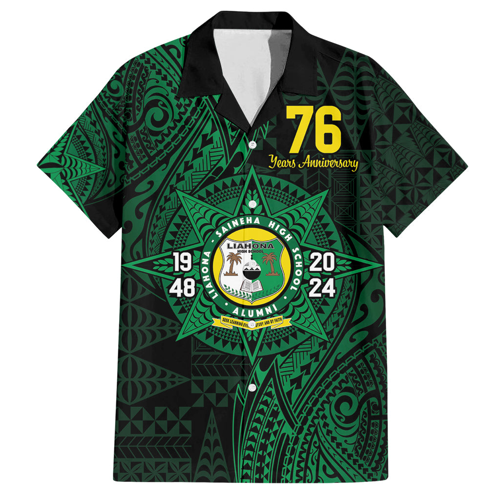 Personalised Tonga Liahona High School 76th Anniversary Family Matching Summer Maxi Dress and Hawaiian Shirt Special Kupesi Pattern LT9 Dad's Shirt - Short Sleeve Green - Polynesian Pride