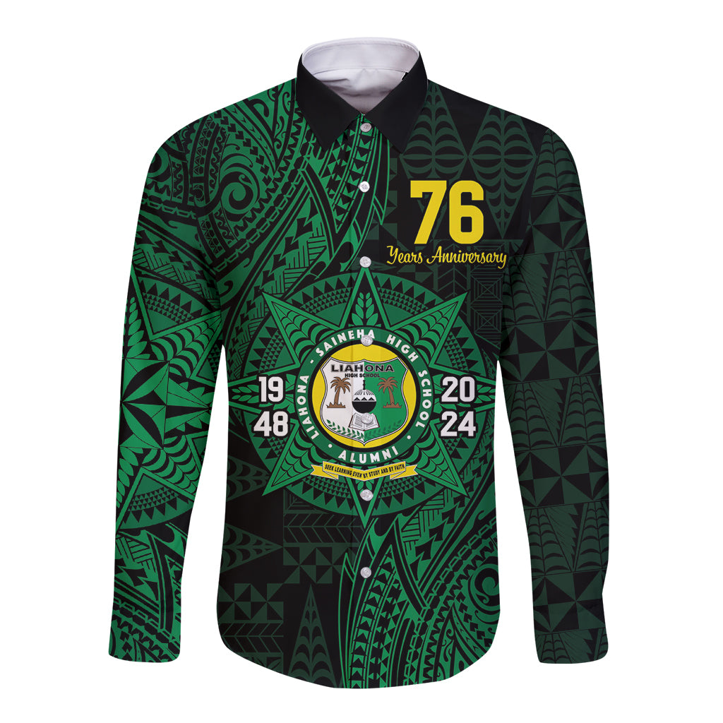 Personalised Tonga Liahona High School 76th Anniversary Long Sleeve Button Shirt Special Kupesi Pattern LT9 Unisex Green - Polynesian Pride