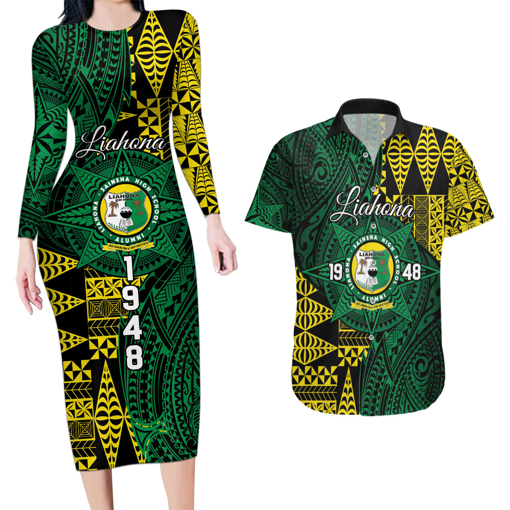 Personalised Tonga Liahona High School Couples Matching Long Sleeve Bodycon Dress and Hawaiian Shirt Since 1948 Special Kupesi Pattern LT9 Green - Polynesian Pride