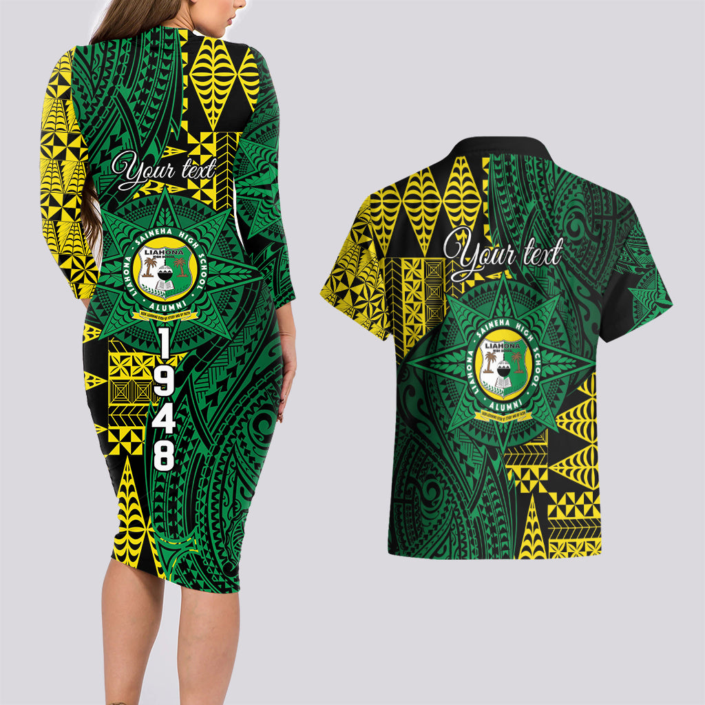 Personalised Tonga Liahona High School Couples Matching Long Sleeve Bodycon Dress and Hawaiian Shirt Since 1948 Special Kupesi Pattern LT9 - Polynesian Pride