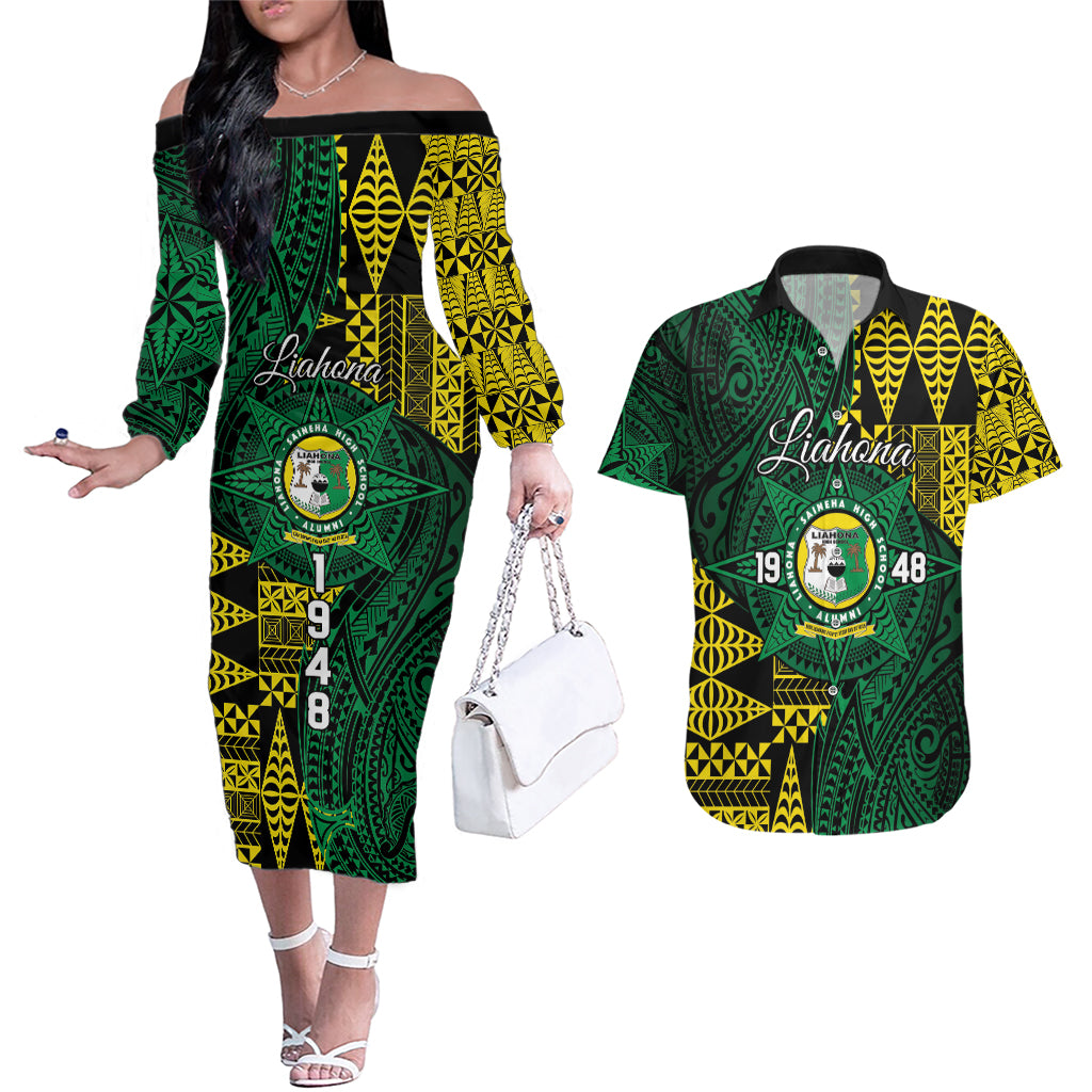 Personalised Tonga Liahona High School Couples Matching Off The Shoulder Long Sleeve Dress and Hawaiian Shirt Since 1948 Special Kupesi Pattern LT9 Green - Polynesian Pride