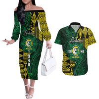 Personalised Tonga Liahona High School Couples Matching Off The Shoulder Long Sleeve Dress and Hawaiian Shirt Since 1948 Special Kupesi Pattern LT9 Green - Polynesian Pride
