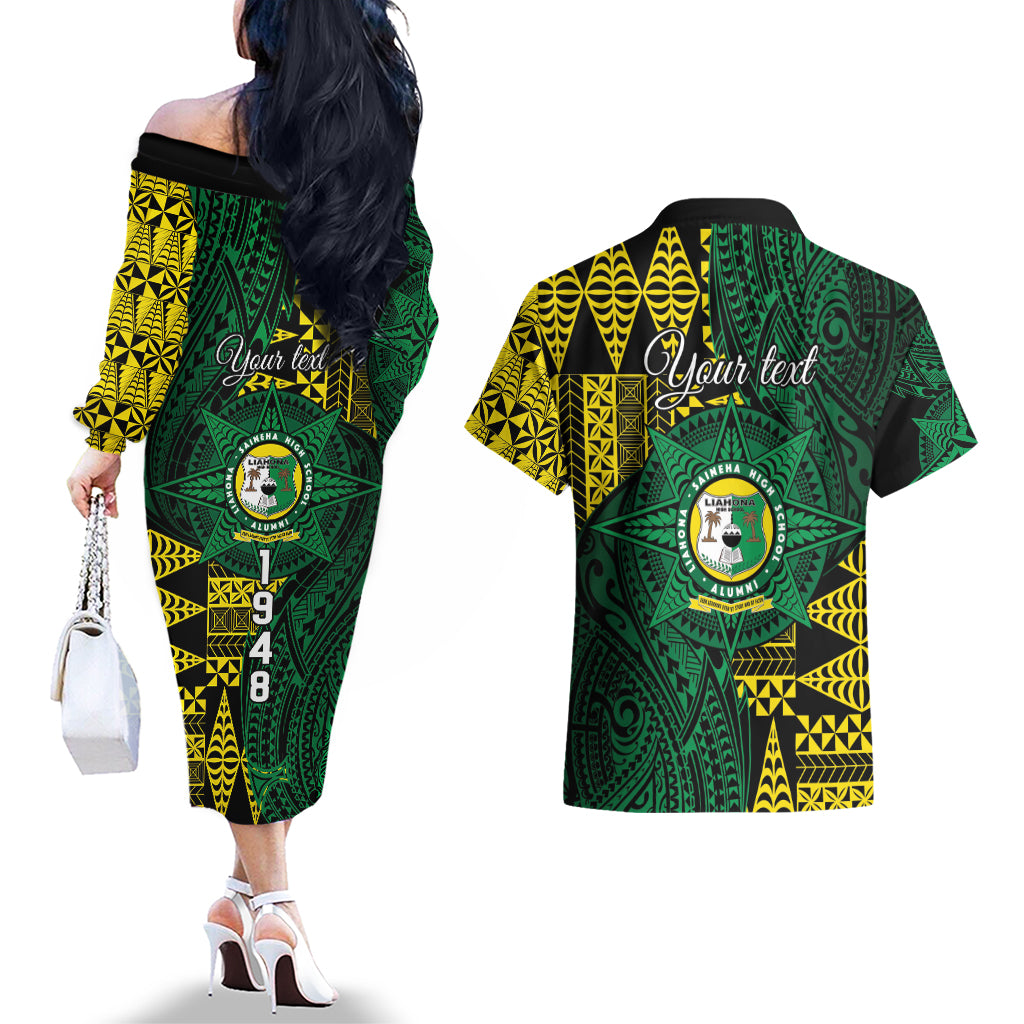 Personalised Tonga Liahona High School Couples Matching Off The Shoulder Long Sleeve Dress and Hawaiian Shirt Since 1948 Special Kupesi Pattern LT9 - Polynesian Pride