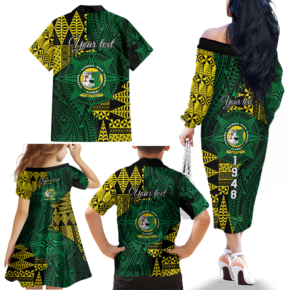 Personalised Tonga Liahona High School Family Matching Off The Shoulder Long Sleeve Dress and Hawaiian Shirt Since 1948 Special Kupesi Pattern LT9 - Polynesian Pride