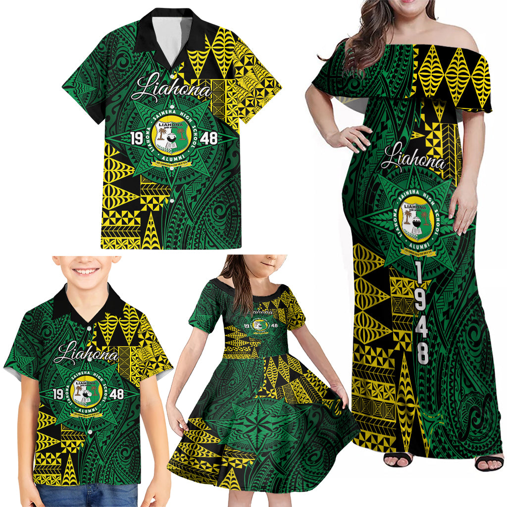 Personalised Tonga Liahona High School Family Matching Off Shoulder Maxi Dress and Hawaiian Shirt Since 1948 Special Kupesi Pattern LT9 - Polynesian Pride