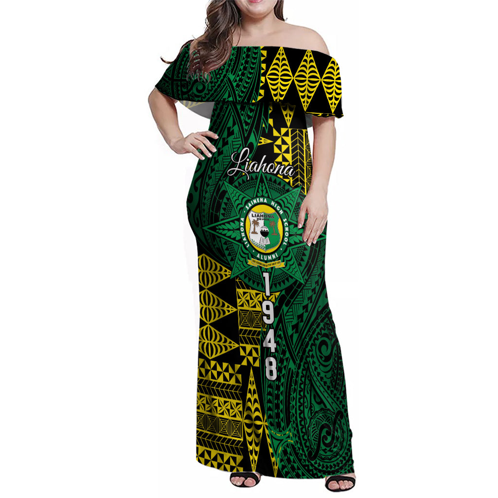 Personalised Tonga Liahona High School Family Matching Off Shoulder Maxi Dress and Hawaiian Shirt Since 1948 Special Kupesi Pattern LT9 Mom's Dress Green - Polynesian Pride