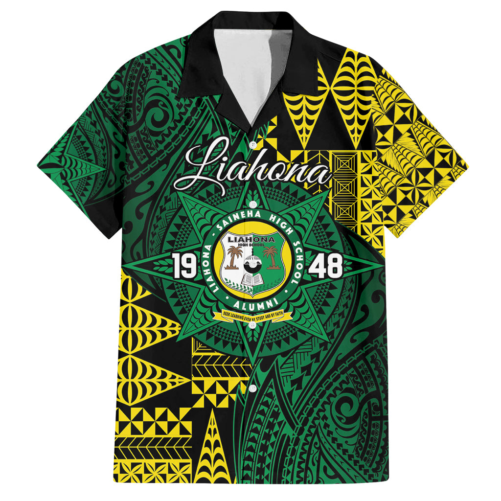 Personalised Tonga Liahona High School Family Matching Off Shoulder Short Dress and Hawaiian Shirt Since 1948 Special Kupesi Pattern LT9 Dad's Shirt - Short Sleeve Green - Polynesian Pride