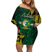 Personalised Tonga Liahona High School Family Matching Off Shoulder Short Dress and Hawaiian Shirt Since 1948 Special Kupesi Pattern LT9 Mom's Dress Green - Polynesian Pride