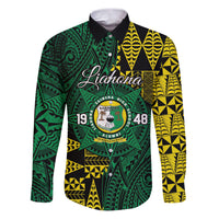 Personalised Tonga Liahona High School Family Matching Puletasi and Hawaiian Shirt Since 1948 Special Kupesi Pattern LT9 Dad's Shirt - Long Sleeve Green - Polynesian Pride