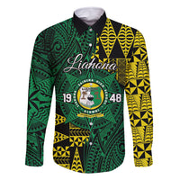 Personalised Tonga Liahona High School Family Matching Tank Maxi Dress and Hawaiian Shirt Since 1948 Special Kupesi Pattern LT9 Dad's Shirt - Long Sleeve Green - Polynesian Pride