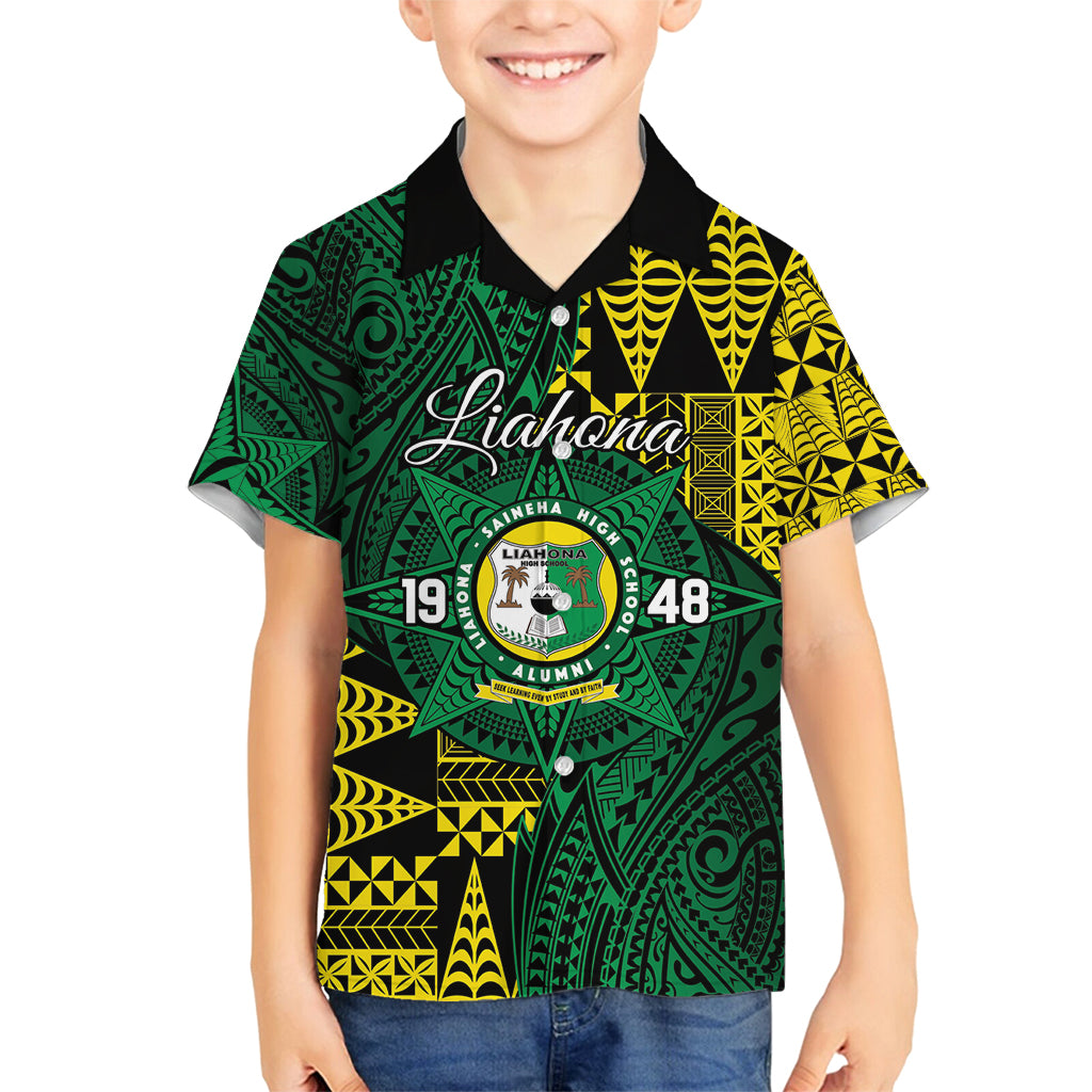 Personalised Tonga Liahona High School Family Matching Tank Maxi Dress and Hawaiian Shirt Since 1948 Special Kupesi Pattern LT9 Son's Shirt Green - Polynesian Pride