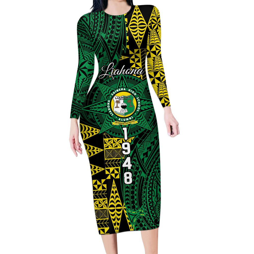 Personalised Tonga Liahona High School Long Sleeve Bodycon Dress Since 1948 Special Kupesi Pattern LT9 Long Dress Green - Polynesian Pride