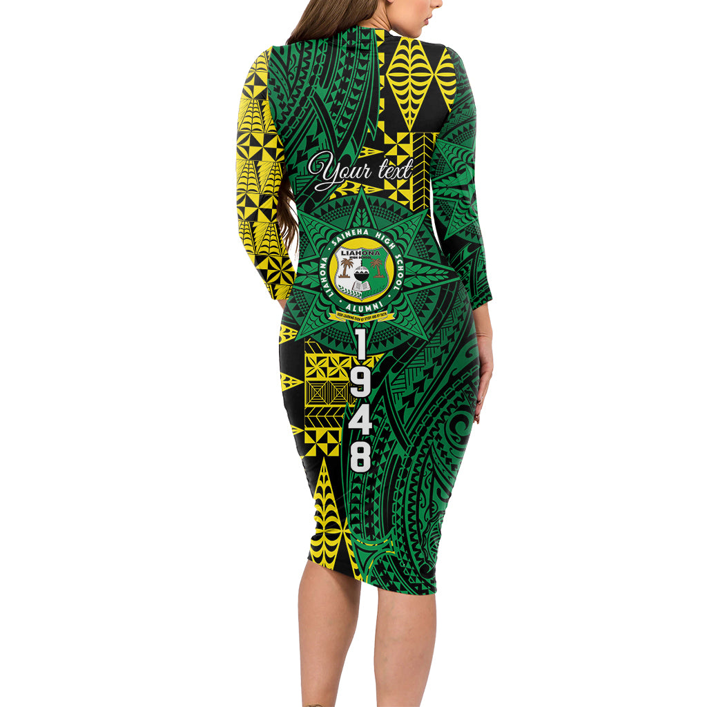 Personalised Tonga Liahona High School Long Sleeve Bodycon Dress Since 1948 Special Kupesi Pattern LT9 - Polynesian Pride
