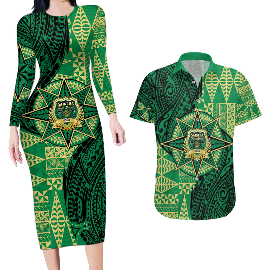 Personalised Tonga Saineha High School Couples Matching Long Sleeve Bodycon Dress and Hawaiian Shirt Since 1978 Special Kupesi Pattern LT9 Green - Polynesian Pride