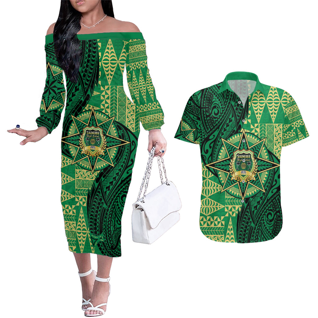 Personalised Tonga Saineha High School Couples Matching Off The Shoulder Long Sleeve Dress and Hawaiian Shirt Since 1978 Special Kupesi Pattern LT9 Green - Polynesian Pride