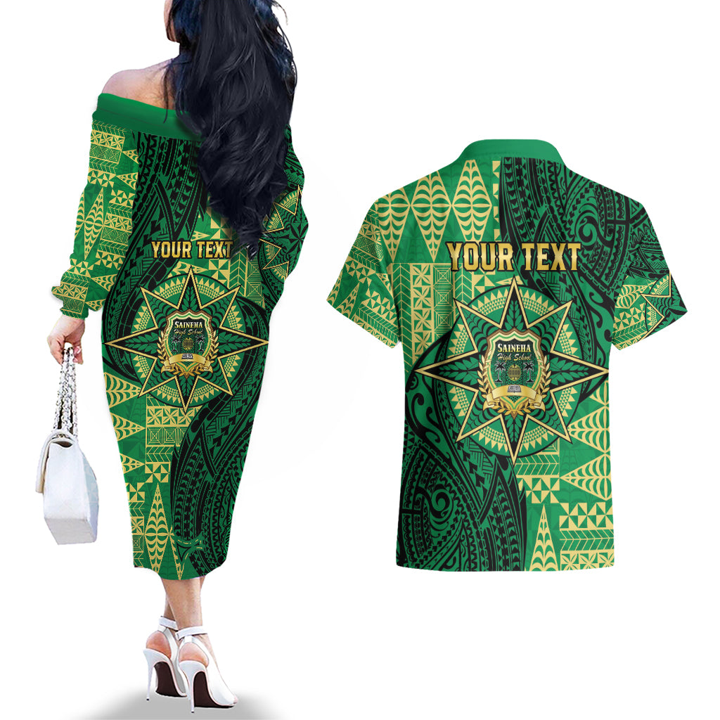 Personalised Tonga Saineha High School Couples Matching Off The Shoulder Long Sleeve Dress and Hawaiian Shirt Since 1978 Special Kupesi Pattern LT9 - Polynesian Pride