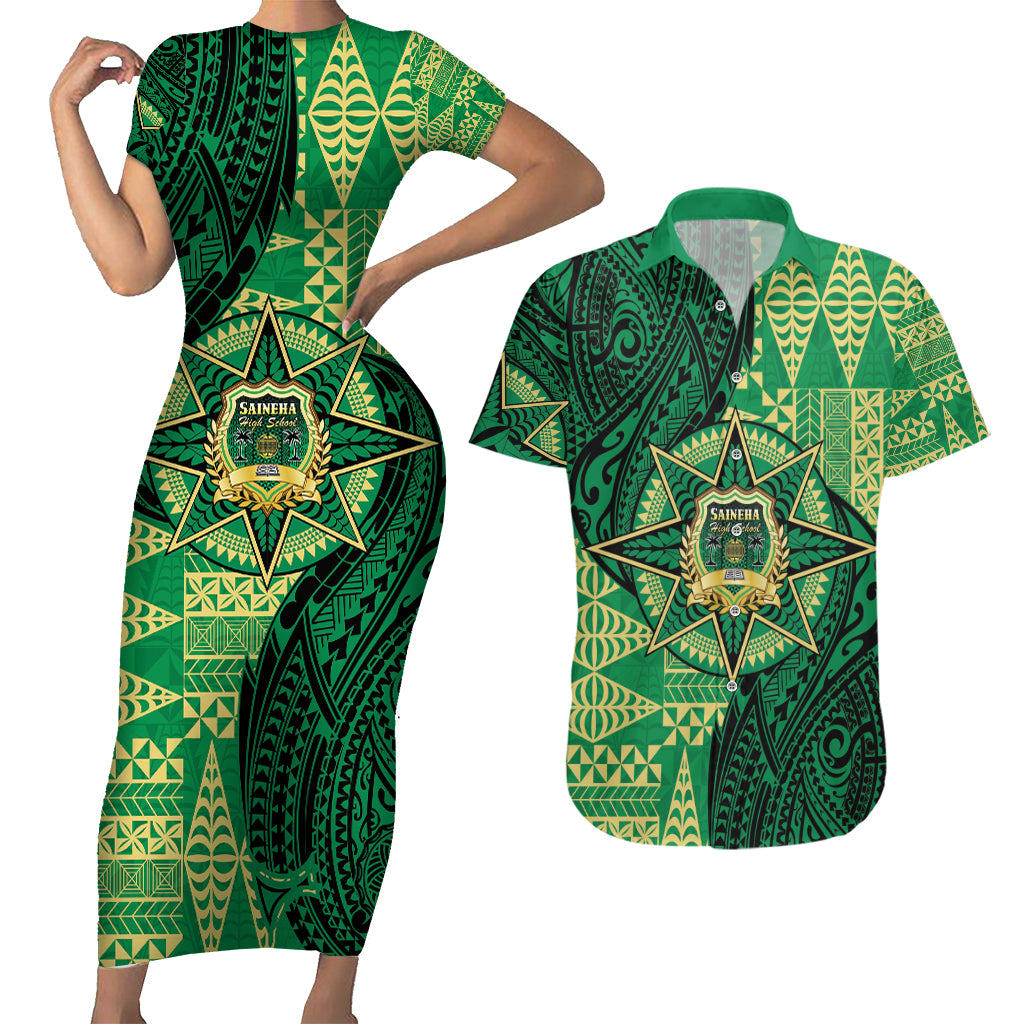 Personalised Tonga Saineha High School Couples Matching Short Sleeve Bodycon Dress and Hawaiian Shirt Since 1978 Special Kupesi Pattern LT9 Green - Polynesian Pride