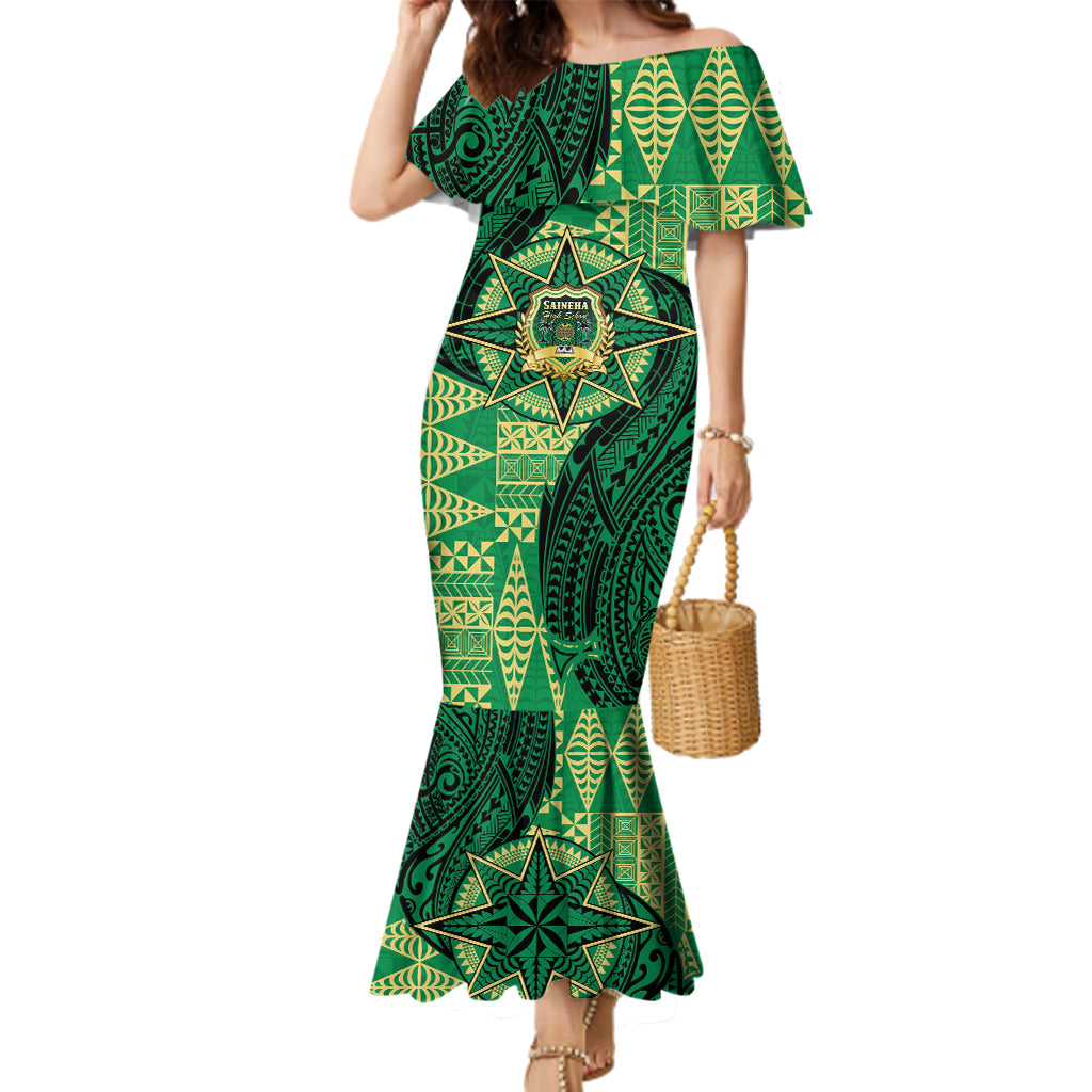 Personalised Tonga Saineha High School Family Matching Mermaid Dress and Hawaiian Shirt Since 1978 Special Kupesi Pattern LT9 Mom's Dress Green - Polynesian Pride