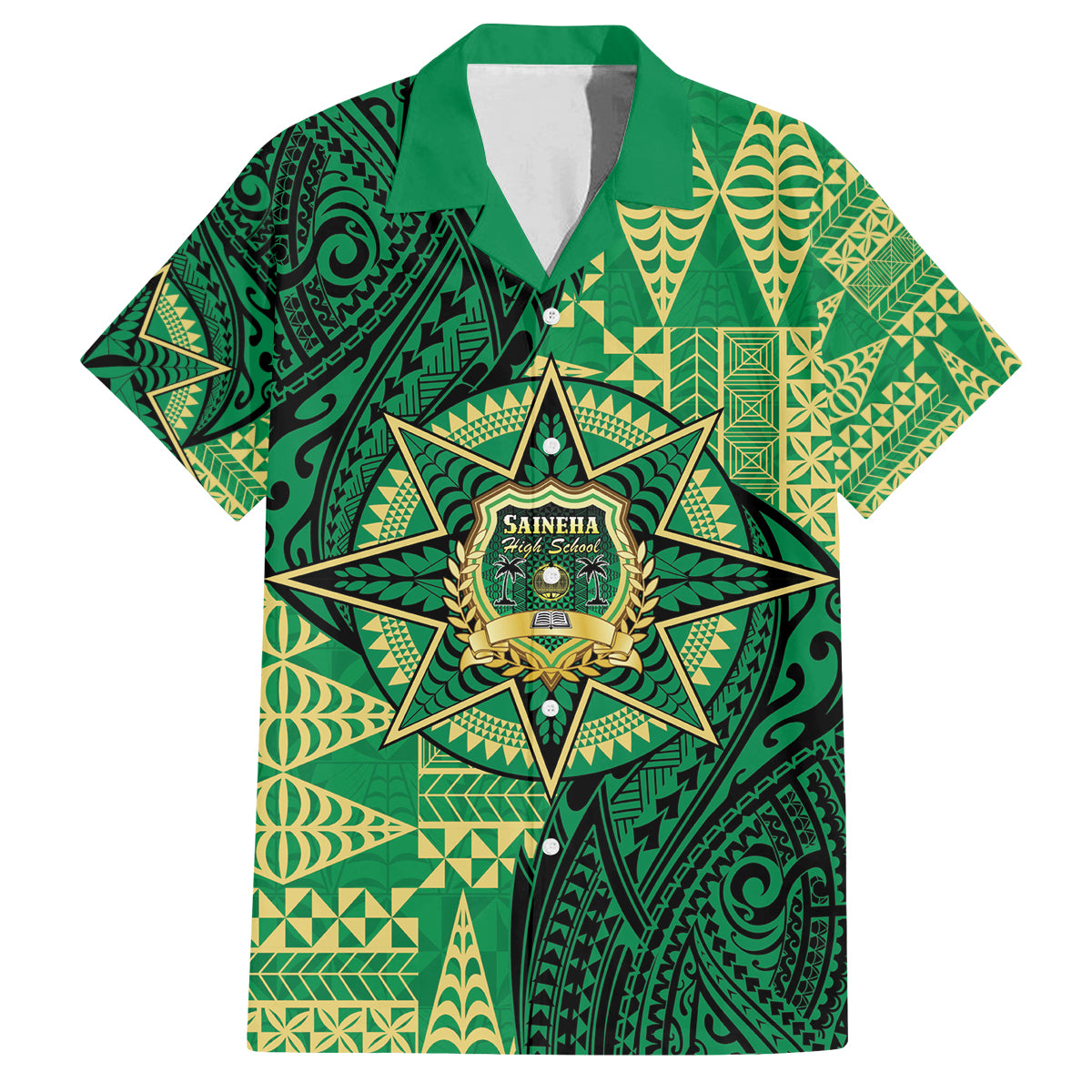 Personalised Tonga Saineha High School Family Matching Off The Shoulder Long Sleeve Dress and Hawaiian Shirt Since 1978 Special Kupesi Pattern LT9 Dad's Shirt - Short Sleeve Green - Polynesian Pride