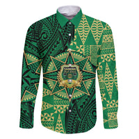 Personalised Tonga Saineha High School Family Matching Off The Shoulder Long Sleeve Dress and Hawaiian Shirt Since 1978 Special Kupesi Pattern LT9 Dad's Shirt - Long Sleeve Green - Polynesian Pride