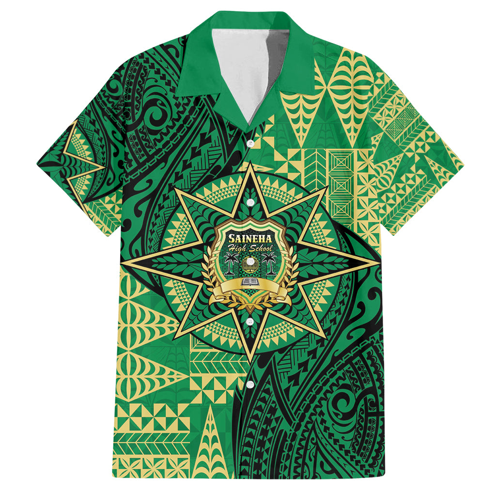 Personalised Tonga Saineha High School Family Matching Off Shoulder Maxi Dress and Hawaiian Shirt Since 1978 Special Kupesi Pattern LT9 Dad's Shirt - Short Sleeve Green - Polynesian Pride