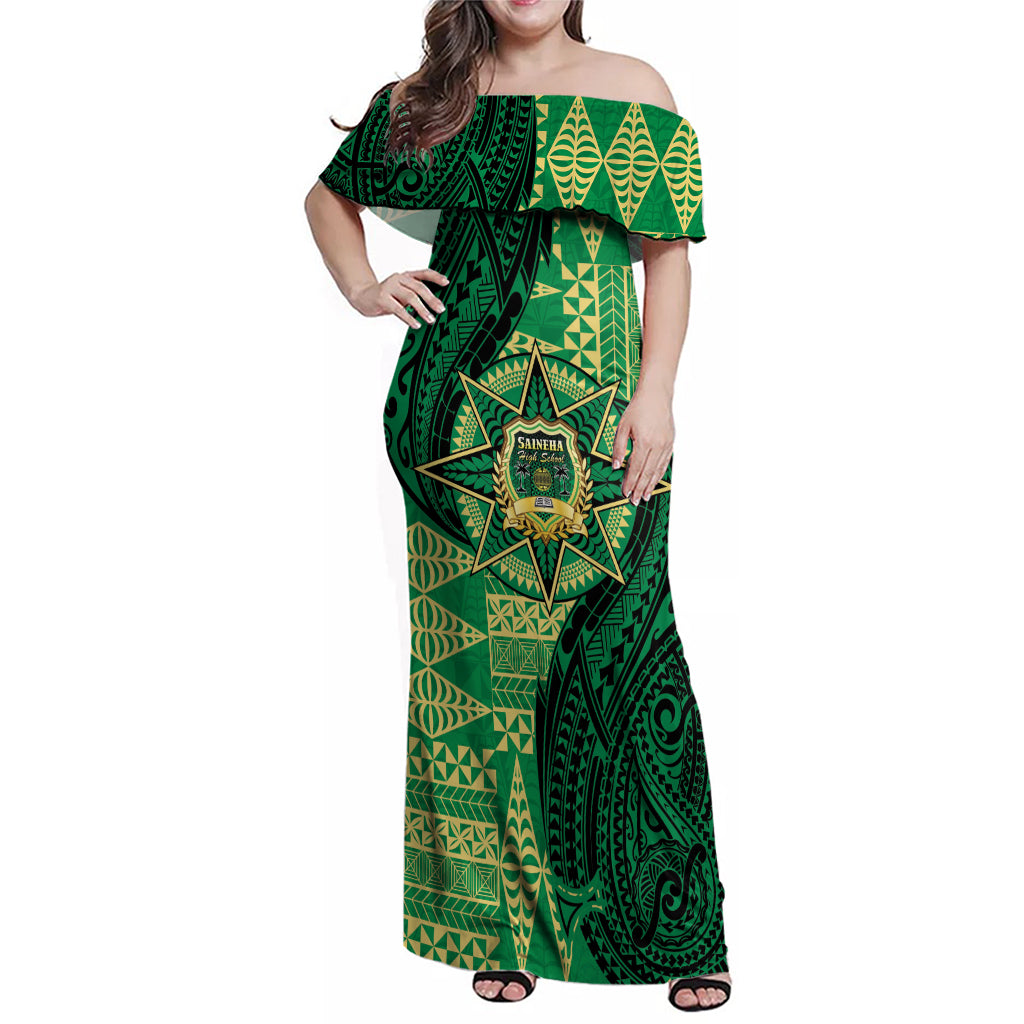 Personalised Tonga Saineha High School Family Matching Off Shoulder Maxi Dress and Hawaiian Shirt Since 1978 Special Kupesi Pattern LT9 Mom's Dress Green - Polynesian Pride