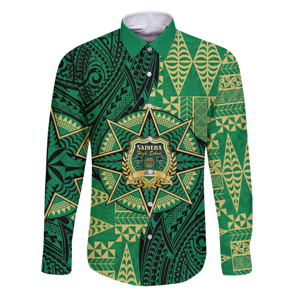 Personalised Tonga Saineha High School Family Matching Off Shoulder Short Dress and Hawaiian Shirt Since 1978 Special Kupesi Pattern LT9 Dad's Shirt - Long Sleeve Green - Polynesian Pride