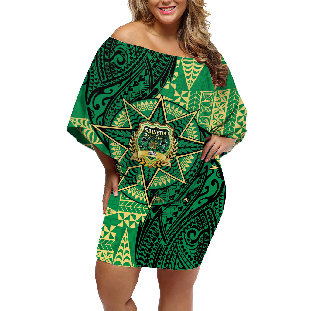Personalised Tonga Saineha High School Family Matching Off Shoulder Short Dress and Hawaiian Shirt Since 1978 Special Kupesi Pattern LT9 Mom's Dress Green - Polynesian Pride