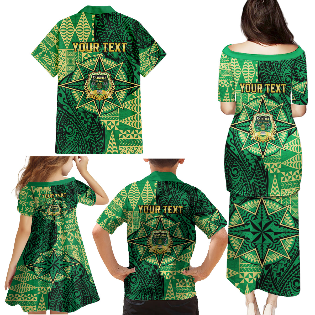 Personalised Tonga Saineha High School Family Matching Puletasi and Hawaiian Shirt Since 1978 Special Kupesi Pattern LT9 - Polynesian Pride
