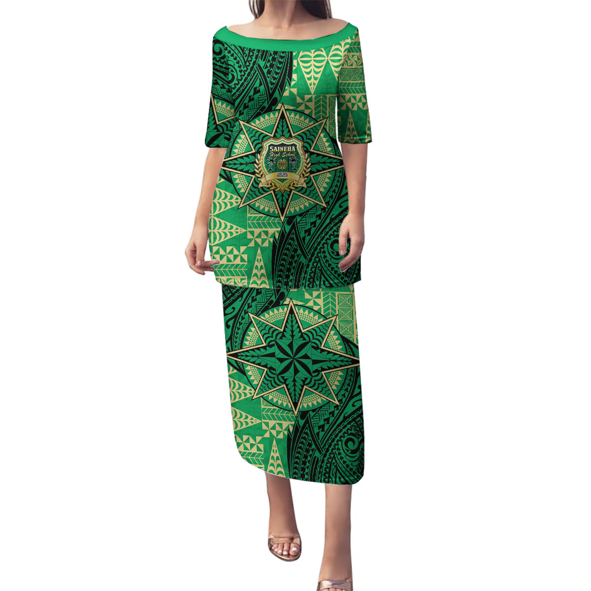 Personalised Tonga Saineha High School Family Matching Puletasi and Hawaiian Shirt Since 1978 Special Kupesi Pattern LT9 Mom's Dress Green - Polynesian Pride