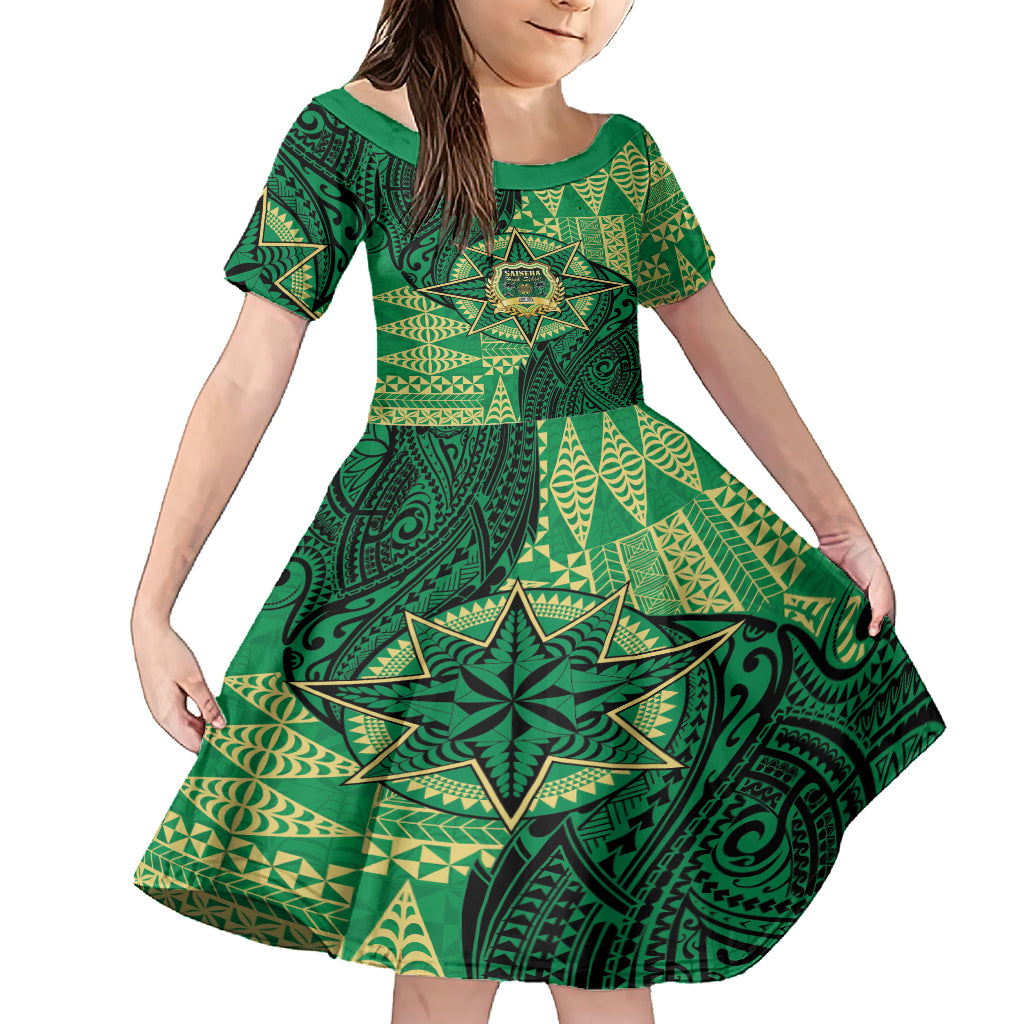 Personalised Tonga Saineha High School Family Matching Short Sleeve Bodycon Dress and Hawaiian Shirt Since 1978 Special Kupesi Pattern LT9 Daughter's Dress Green - Polynesian Pride