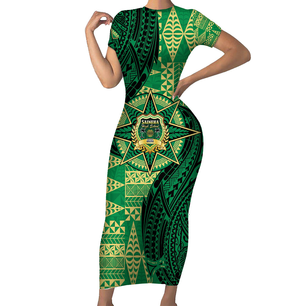 Personalised Tonga Saineha High School Family Matching Short Sleeve Bodycon Dress and Hawaiian Shirt Since 1978 Special Kupesi Pattern LT9 Mom's Dress Green - Polynesian Pride