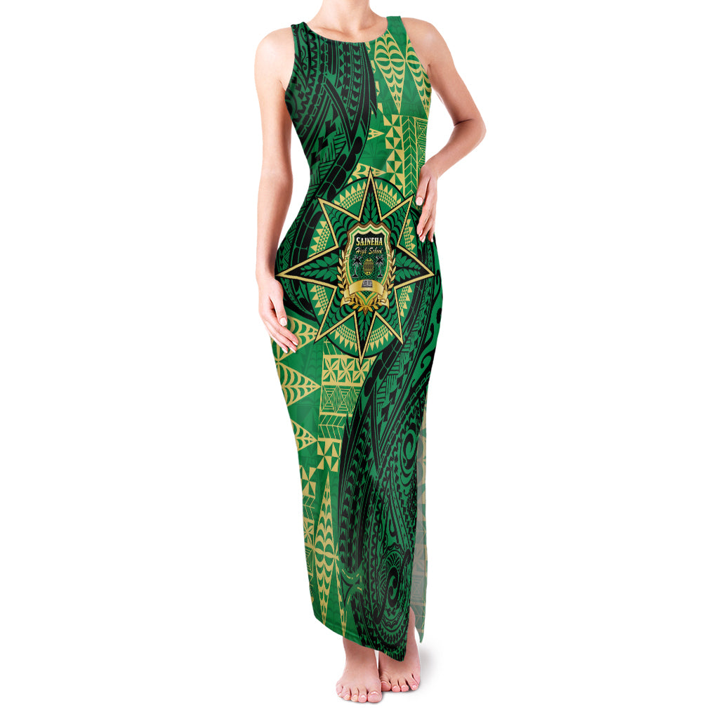 Personalised Tonga Saineha High School Family Matching Tank Maxi Dress and Hawaiian Shirt Since 1978 Special Kupesi Pattern LT9 Mom's Dress Green - Polynesian Pride
