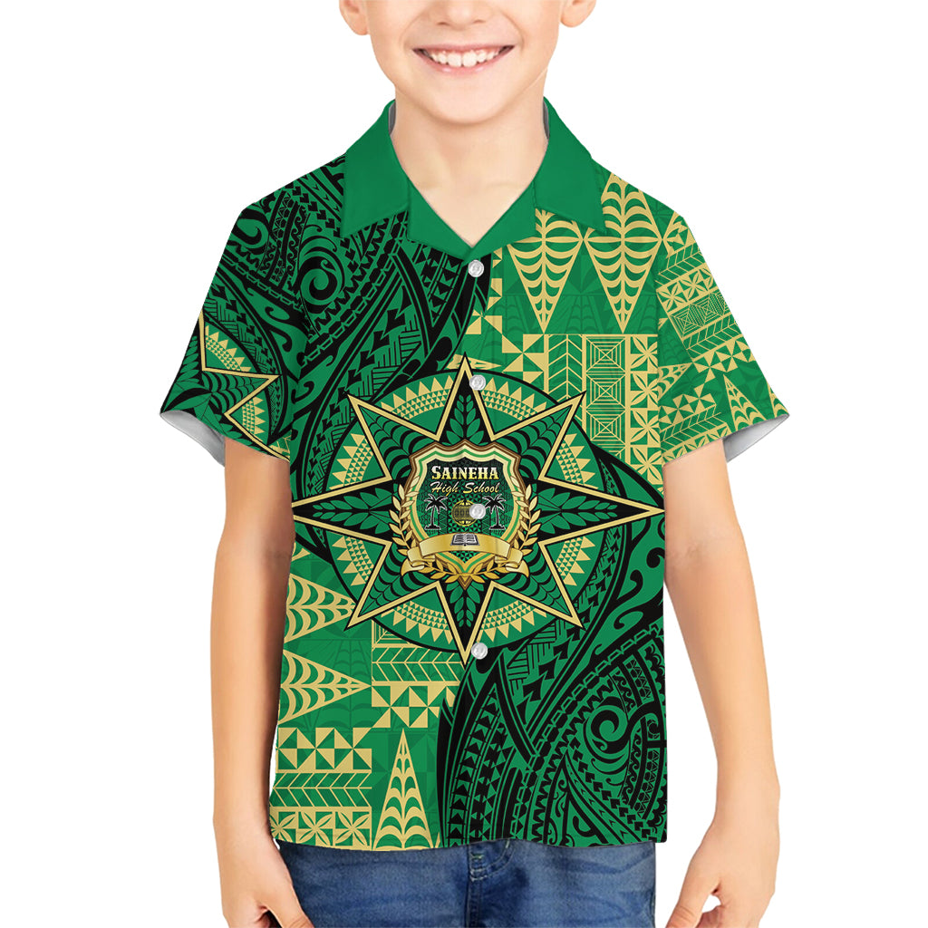 Personalised Tonga Saineha High School Family Matching Tank Maxi Dress and Hawaiian Shirt Since 1978 Special Kupesi Pattern LT9 Son's Shirt Green - Polynesian Pride