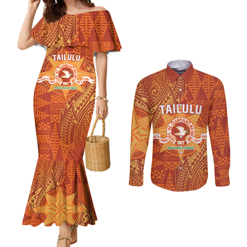 Personalised Tonga Tailulu College Couples Matching Mermaid Dress and Long Sleeve Button Shirt Since 1967 Special Kupesi Pattern Version 1 LT9 Gold - Polynesian Pride
