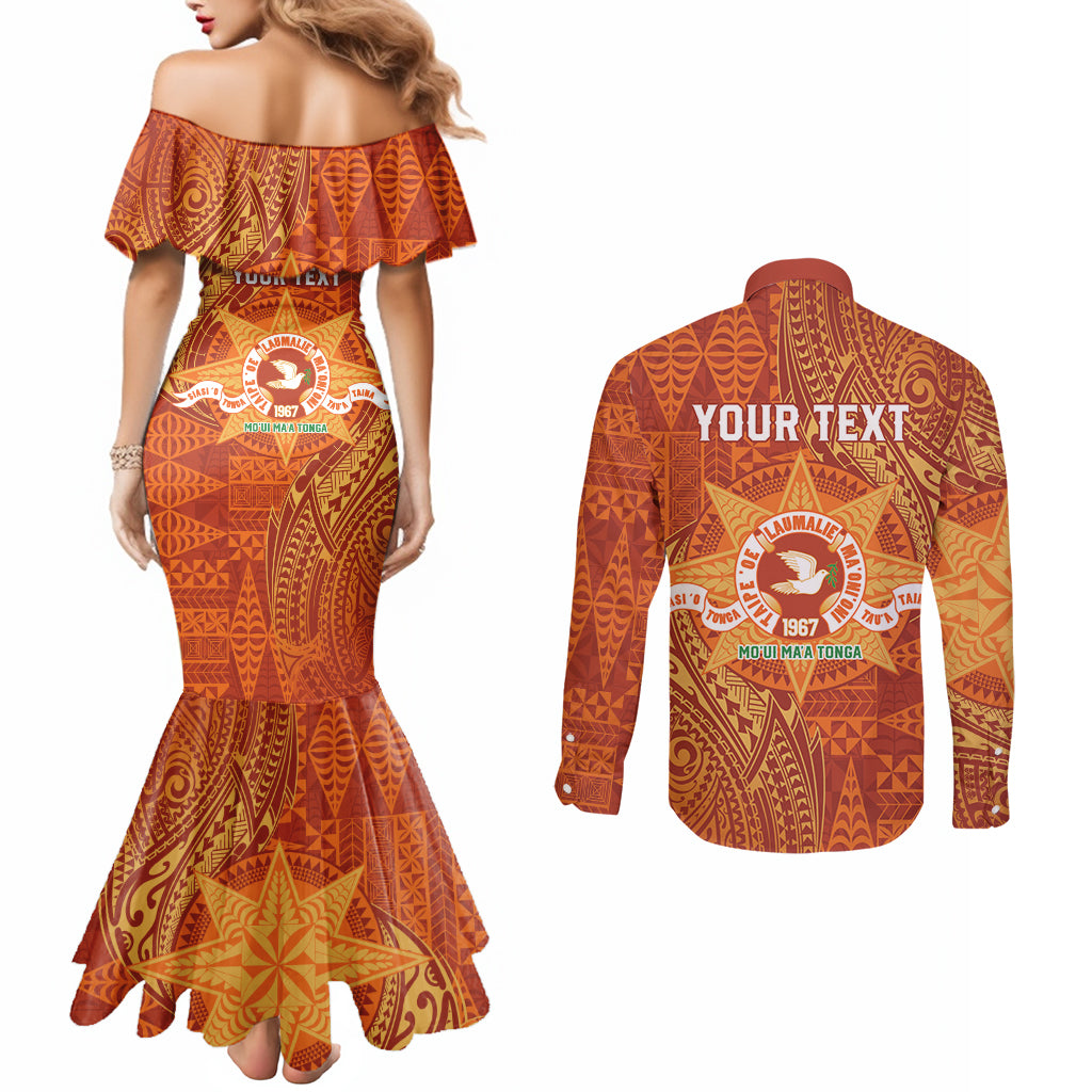 Personalised Tonga Tailulu College Couples Matching Mermaid Dress and Long Sleeve Button Shirt Since 1967 Special Kupesi Pattern Version 1 LT9 - Polynesian Pride