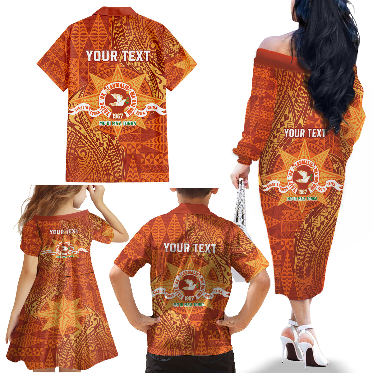 Personalised Tonga Tailulu College Family Matching Off The Shoulder Long Sleeve Dress and Hawaiian Shirt Since 1967 Special Kupesi Pattern Version 1 LT9 - Polynesian Pride
