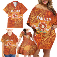 Personalised Tonga Tailulu College Family Matching Off Shoulder Short Dress and Hawaiian Shirt Since 1967 Special Kupesi Pattern Version 1 LT9 - Polynesian Pride