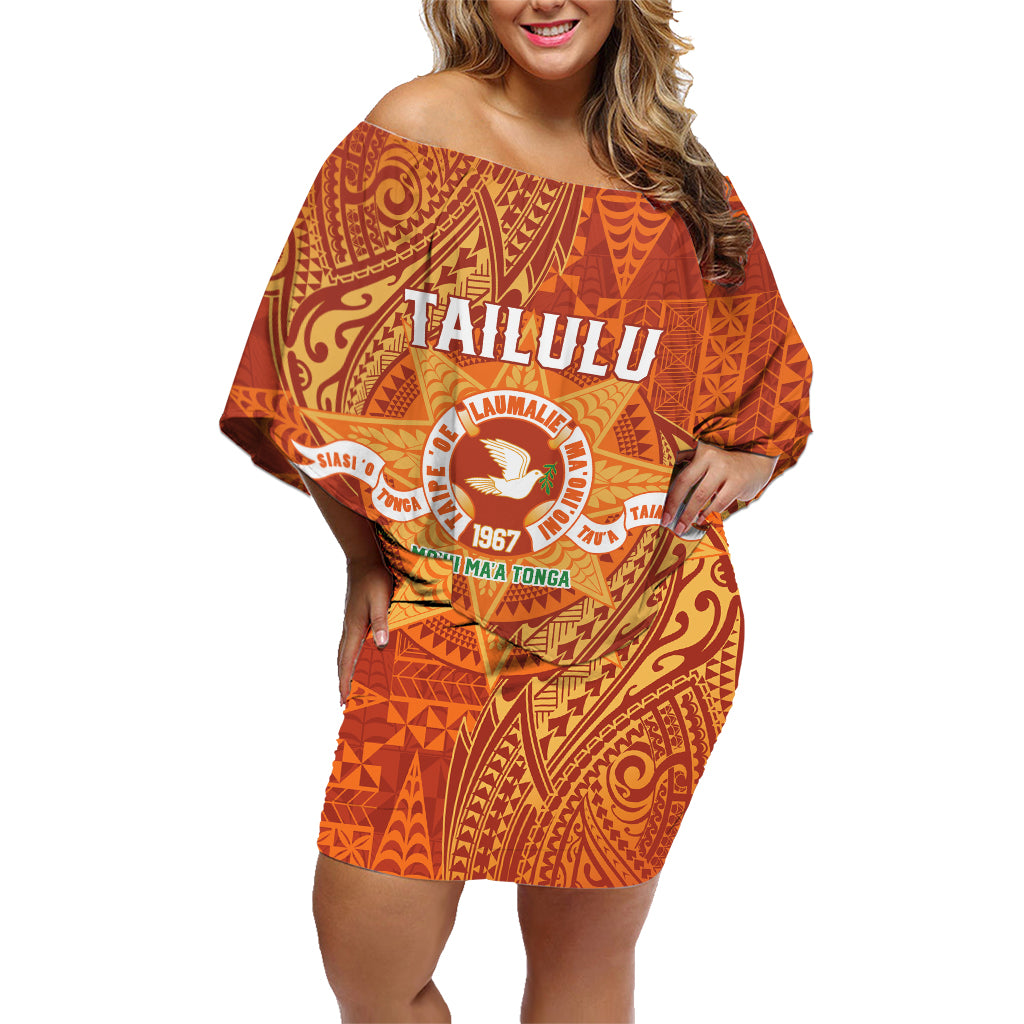 Personalised Tonga Tailulu College Family Matching Off Shoulder Short Dress and Hawaiian Shirt Since 1967 Special Kupesi Pattern Version 1 LT9 Mom's Dress Gold - Polynesian Pride