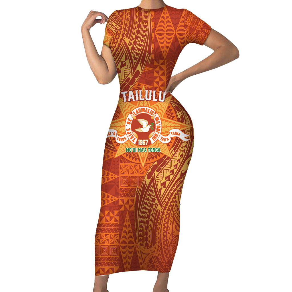 Personalised Tonga Tailulu College Family Matching Short Sleeve Bodycon Dress and Hawaiian Shirt Since 1967 Special Kupesi Pattern Version 1 LT9 Mom's Dress Gold - Polynesian Pride