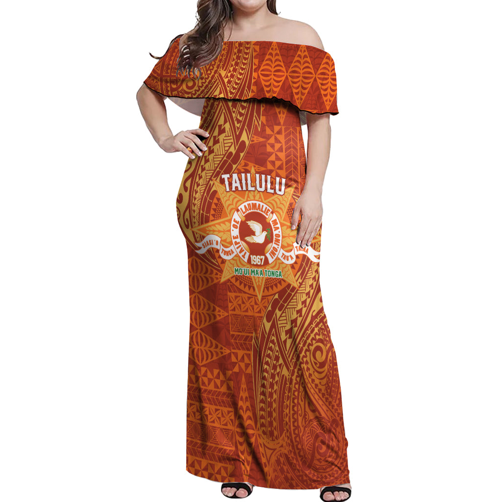 Personalised Tonga Tailulu College Off Shoulder Maxi Dress Since 1967 Special Kupesi Pattern Version 1 LT9 Women Gold - Polynesian Pride