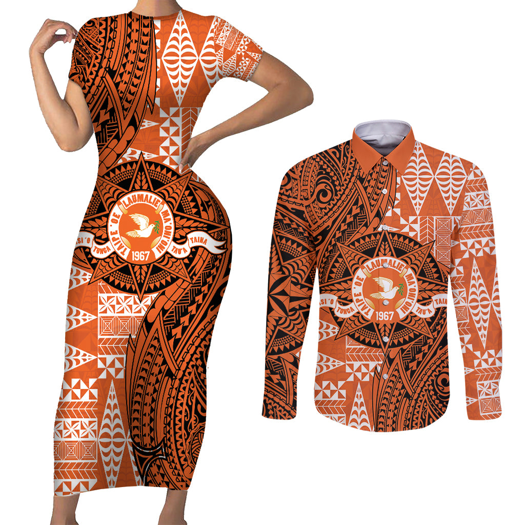 Personalised Tonga Tailulu College Couples Matching Short Sleeve Bodycon Dress and Long Sleeve Button Shirt Since 1967 Special Kupesi Pattern Version 2 LT9 Black - Polynesian Pride