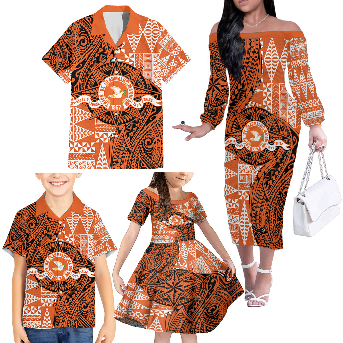 Personalised Tonga Tailulu College Family Matching Off The Shoulder Long Sleeve Dress and Hawaiian Shirt Since 1967 Special Kupesi Pattern Version 2 LT9 - Polynesian Pride
