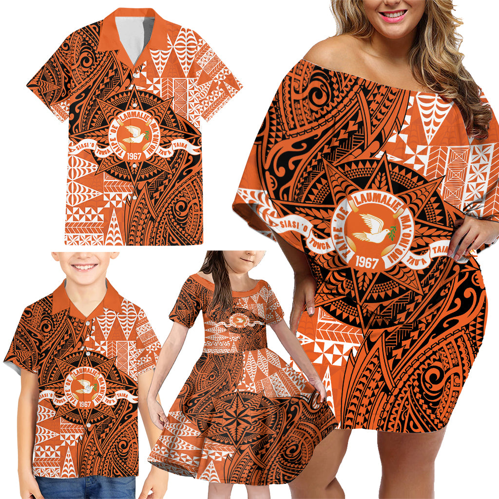 Personalised Tonga Tailulu College Family Matching Off Shoulder Short Dress and Hawaiian Shirt Since 1967 Special Kupesi Pattern Version 2 LT9 - Polynesian Pride