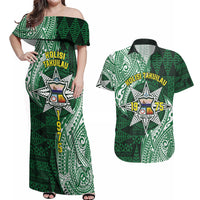 Personalised Tonga Takuilau College Couples Matching Off Shoulder Maxi Dress and Hawaiian Shirt Since 1975 Special Kupesi Pattern LT9 Green - Polynesian Pride