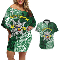 Personalised Tonga Takuilau College Couples Matching Off Shoulder Short Dress and Hawaiian Shirt Since 1975 Special Kupesi Pattern LT9 Green - Polynesian Pride